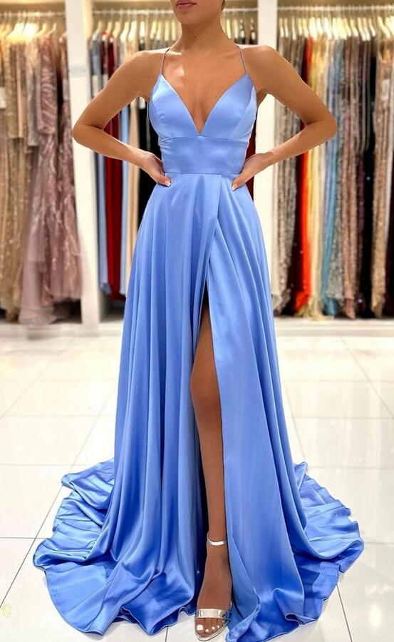 Straps V-neck Satin Long Prom Dresses with Slit