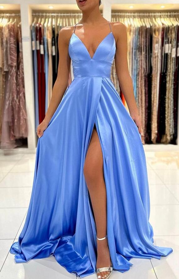 Straps V-neck Satin Long Prom Dresses with Slit