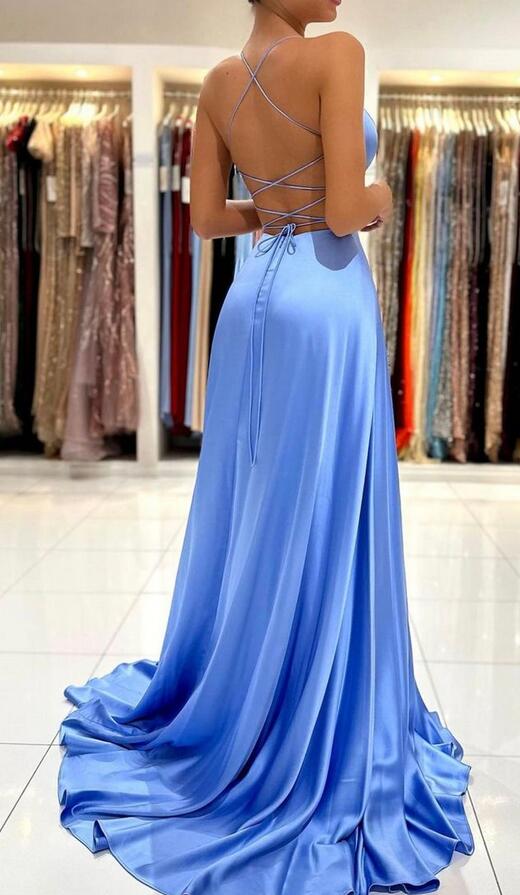 Straps V-neck Satin Long Prom Dresses with Slit