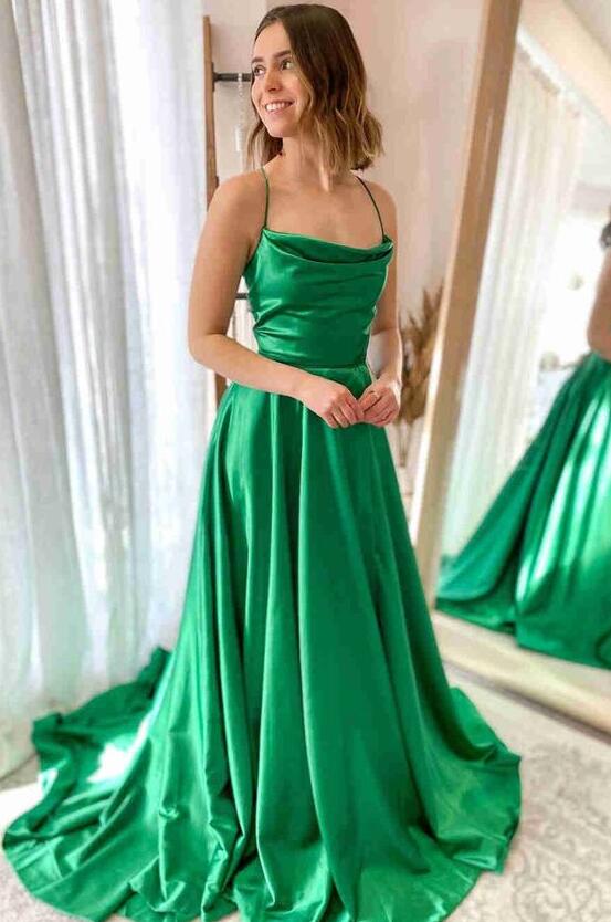 Straps Satin Long Prom Dresses with Slit