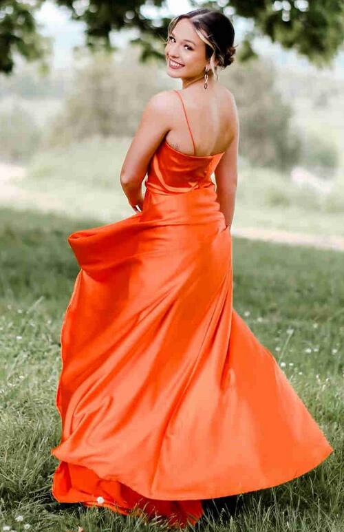 Straps Satin Long Prom Dresses with Slit