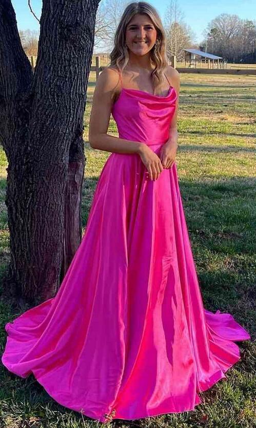 Straps Satin Long Prom Dresses with Slit