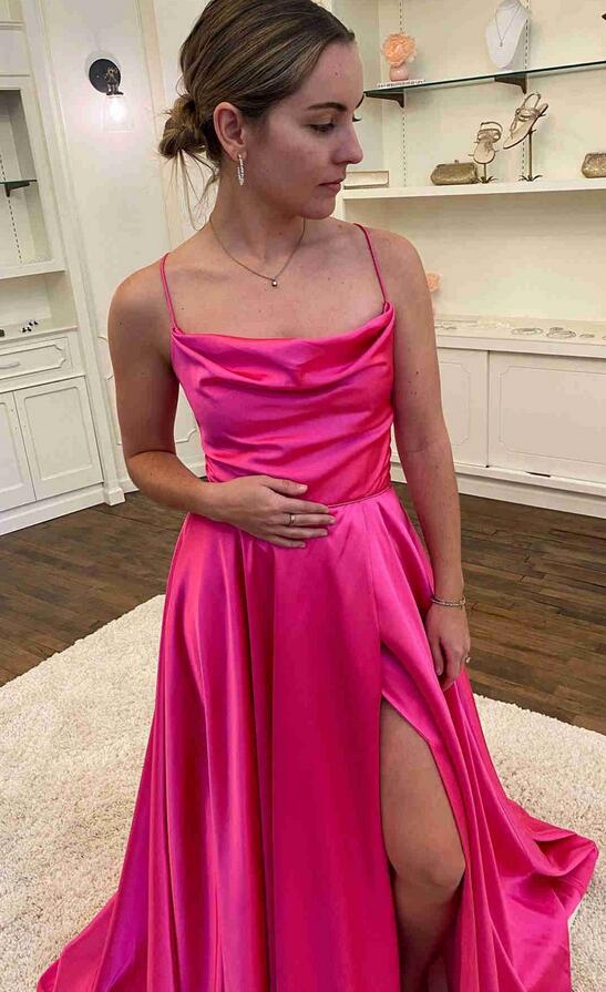 Straps Satin Long Prom Dresses with Slit