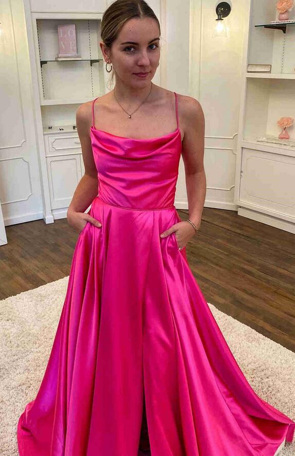 Straps Satin Long Prom Dresses with Slit