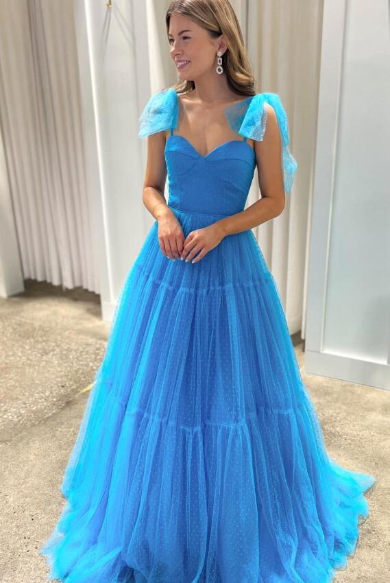 Dot Ballgown Long Prom Dresses with Bow Ties on Straps