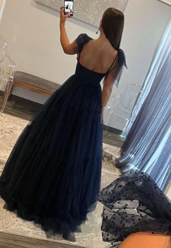 Dot Ballgown Long Prom Dresses with Bow Ties on Straps