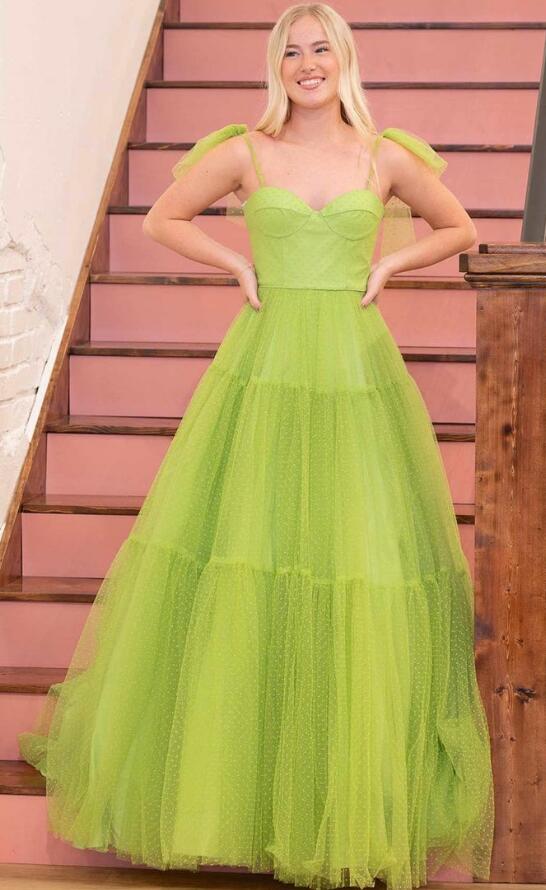 Dot Ballgown Long Prom Dresses with Bow Ties on Straps