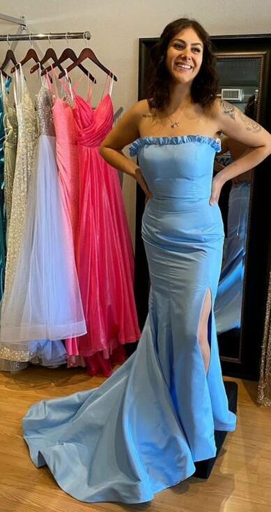 Strapless Fitted Long Prom Dress with Ruffle Trim on Neckline and Skirt Slit