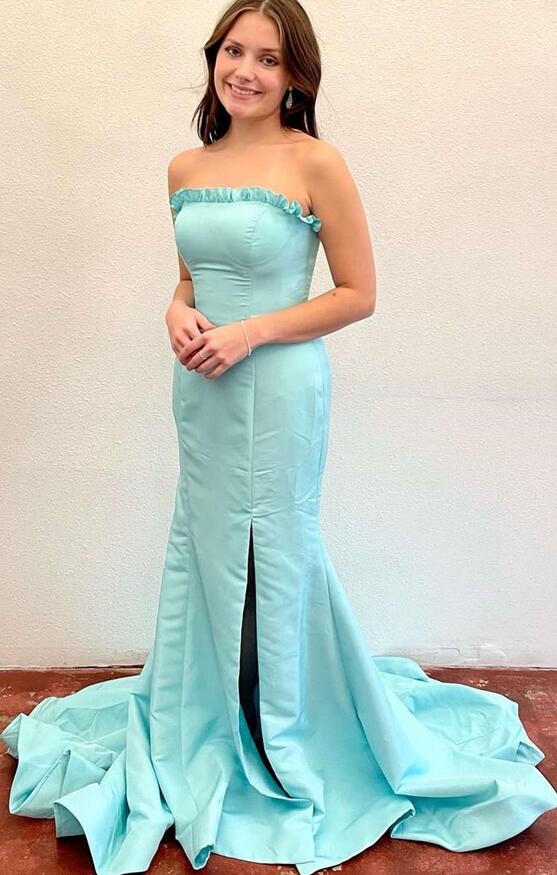 Strapless Fitted Long Prom Dress with Ruffle Trim on Neckline and Skirt Slit