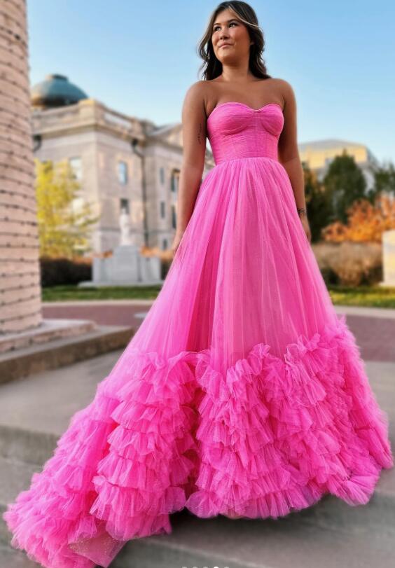 Strapless Long Prom Dress with Corset Top and Ruffle Embellished Skirt