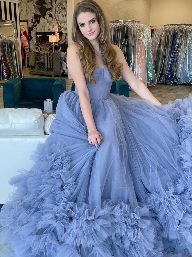 Strapless Long Prom Dress with Corset Top and Ruffle Embellished Skirt