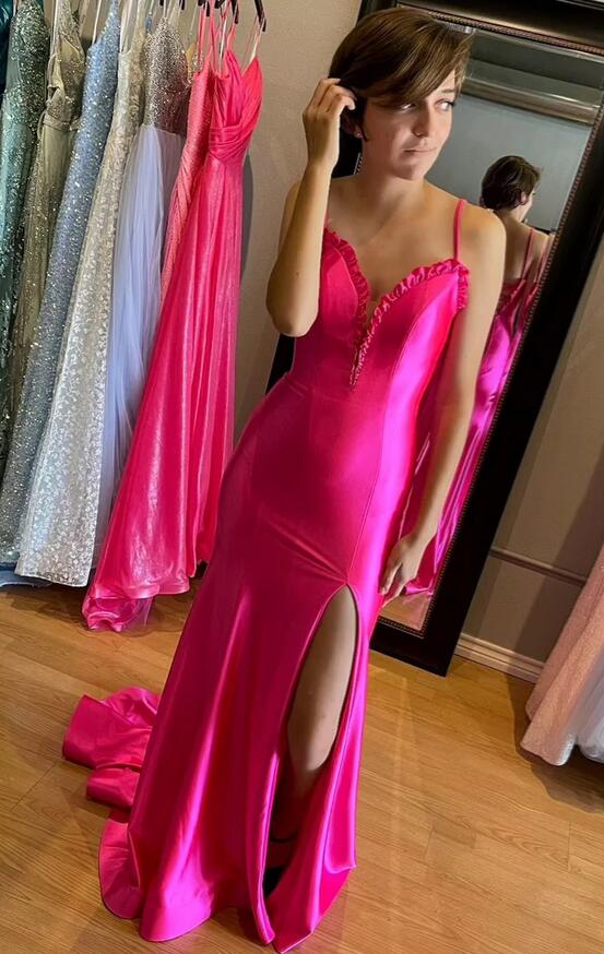 Spaghetti Straps Satin Mermaid Long Prom Dress with Slit