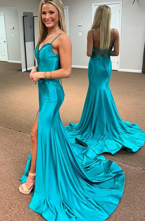 Spaghetti Straps Satin Mermaid Long Prom Dress with Slit