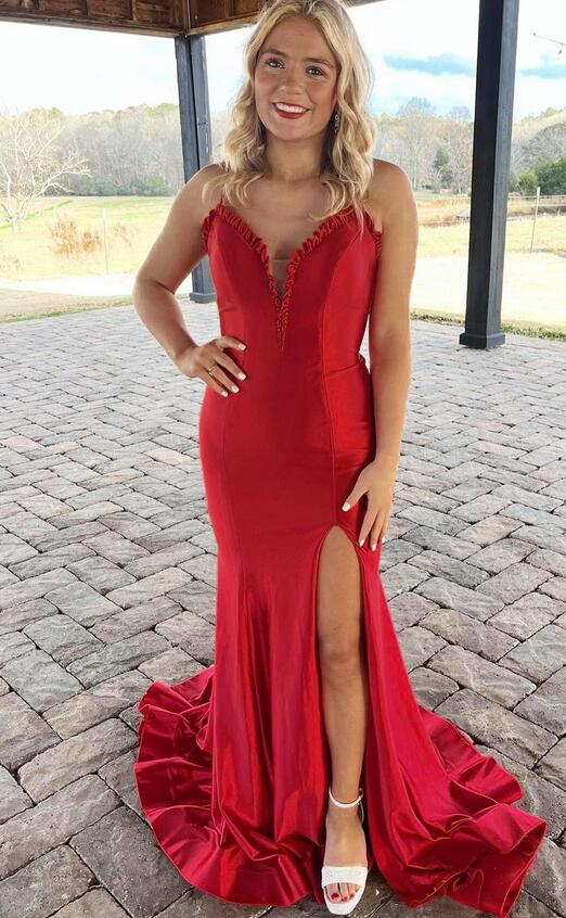 Spaghetti Straps Satin Mermaid Long Prom Dress with Slit