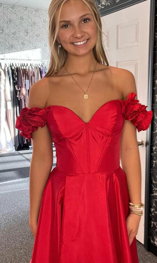 Long Prom Dress with Flowers Shoulder Straps and Slit