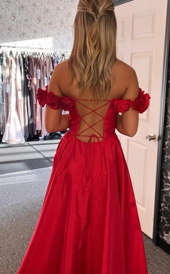 Long Prom Dress with Flowers Shoulder Straps and Slit