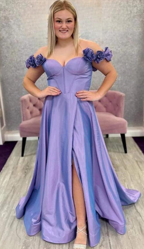 Long Prom Dress with Flowers Shoulder Straps and Slit