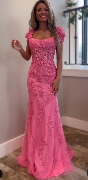 Leaf Lace Long Prom Dress with Ballon Sleeves