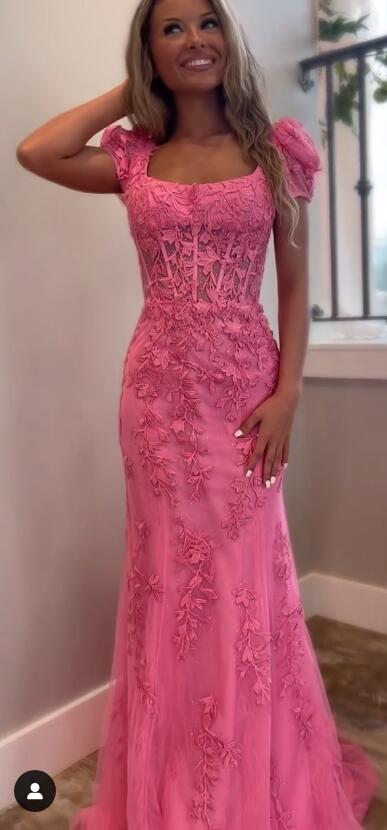 Leaf Lace Long Prom Dress with Ballon Sleeves