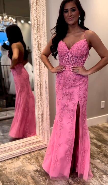 Straps Leaf Lace Mermaid Long Prom Dress with Slit