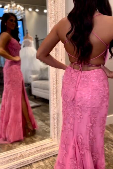 Straps Leaf Lace Mermaid Long Prom Dress with Slit