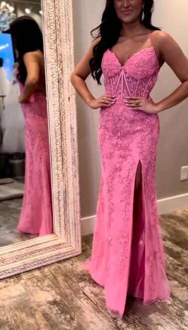 Straps Leaf Lace Mermaid Long Prom Dress with Slit