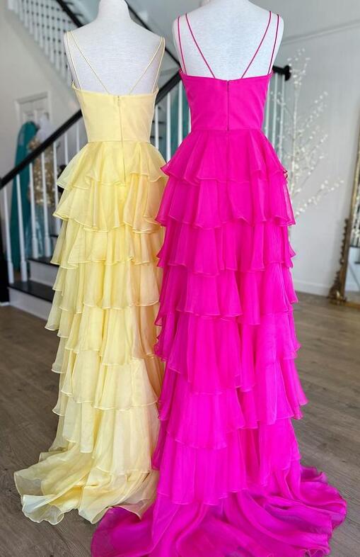 Ruffle Chiffon A-Line Long Prom Dress with Skirt Slit