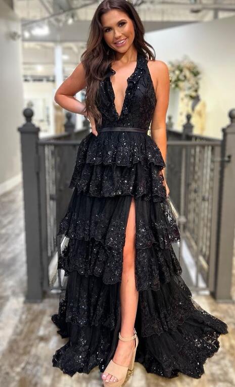 Halter Tulle Sequin Long Prom Dress with Deep V neckline and Ruffle High Slit Skirt Halter Tulle Sequin Long Prom Dress with Deep V neckline and Ruffle High Slit Skirt