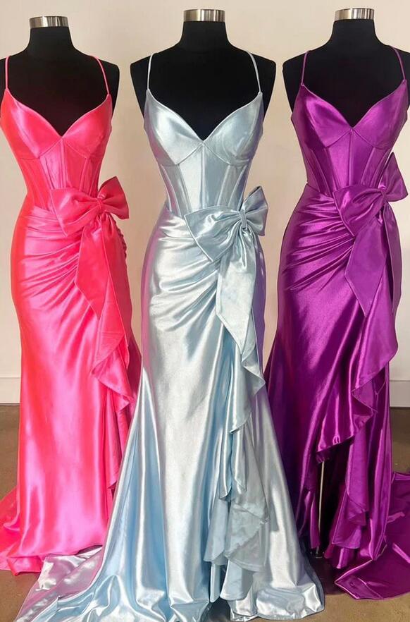 Straps Long Prom Dress with Bow Embellishment and Slit