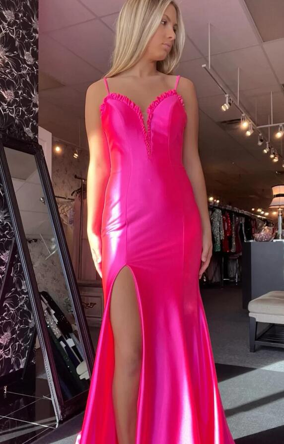 Satin Long Prom Dress with Ruffle Embellishment and Skirt Slit