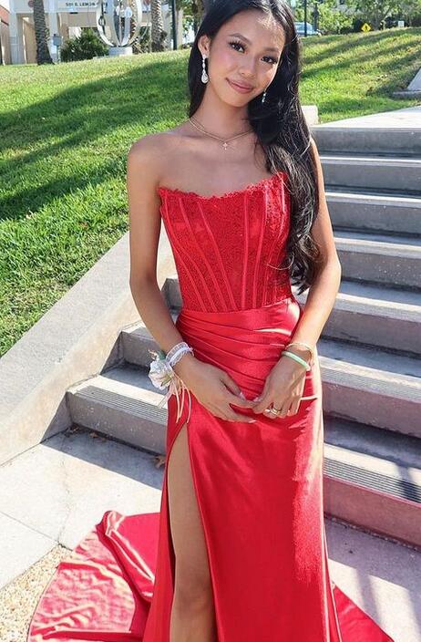 Strapless Long Prom Dress with Lace Bodice and Slit