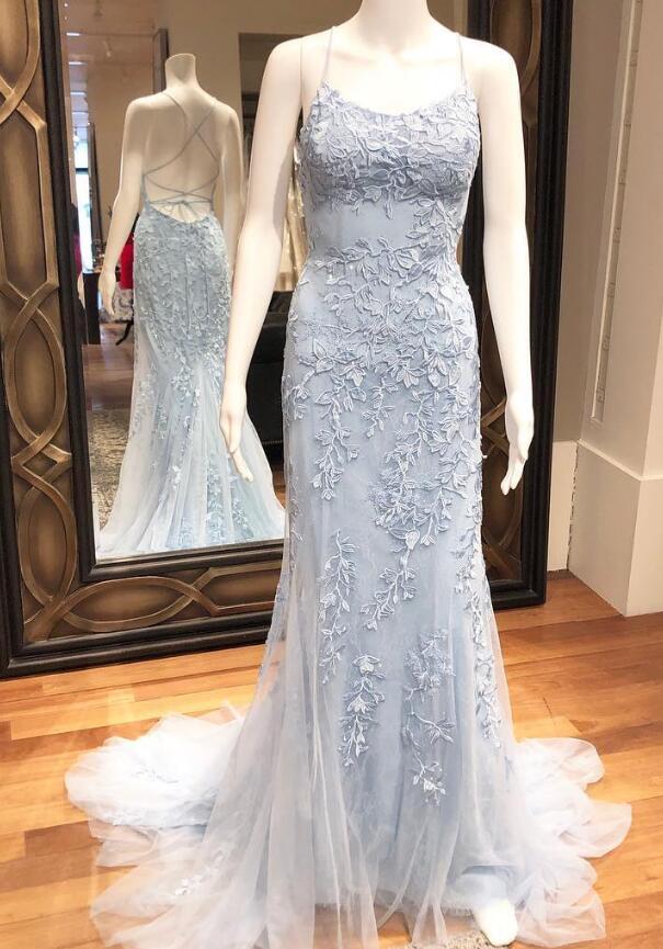 Straps Leaf Lace Mermaid Long Prom Dress