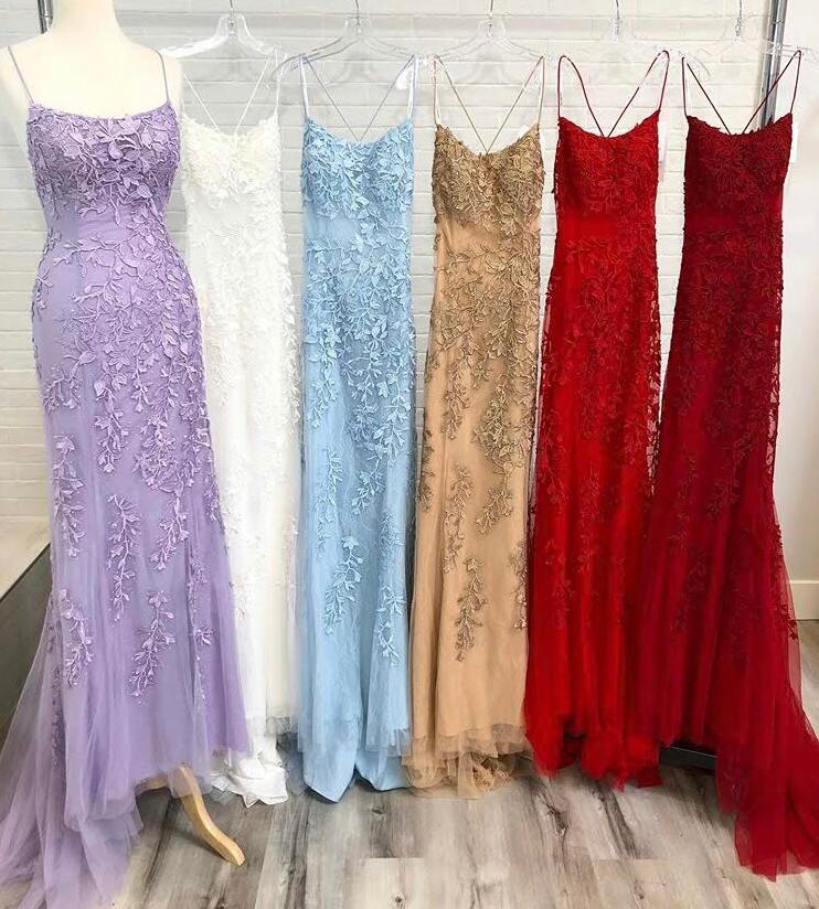 Straps Leaf Lace Mermaid Long Prom Dress