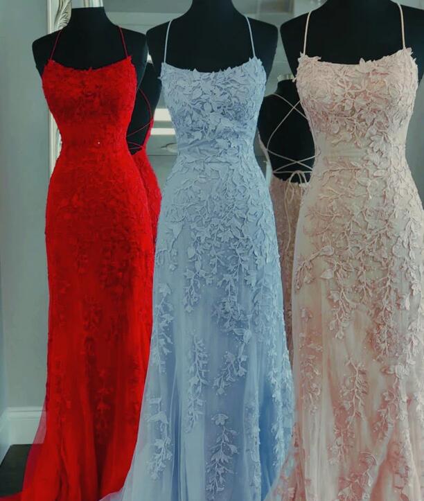 Straps Leaf Lace Mermaid Long Prom Dress