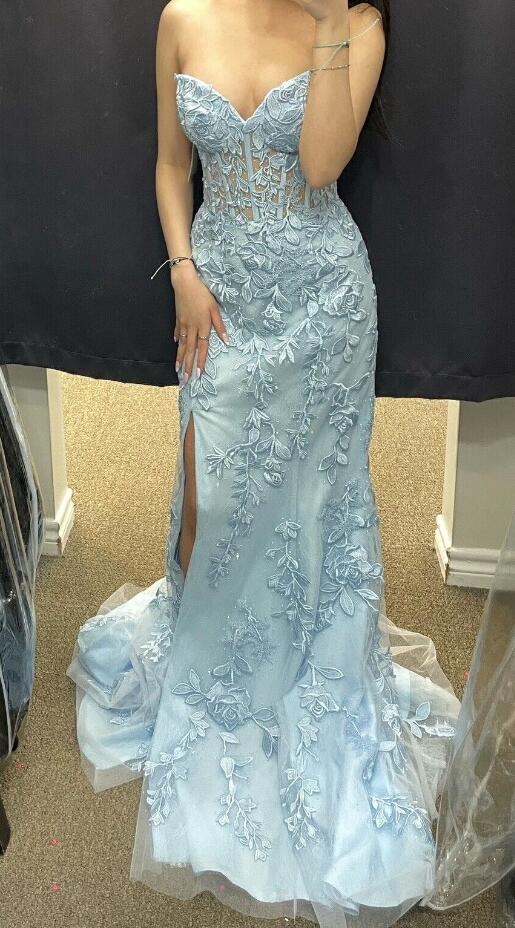 Strapless Leaf Lace Long Prom Dress with Sheer Corset Bodice