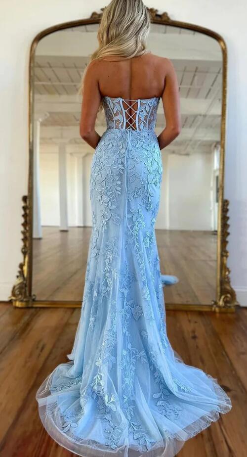 Strapless Leaf Lace Long Prom Dress with Sheer Corset Bodice
