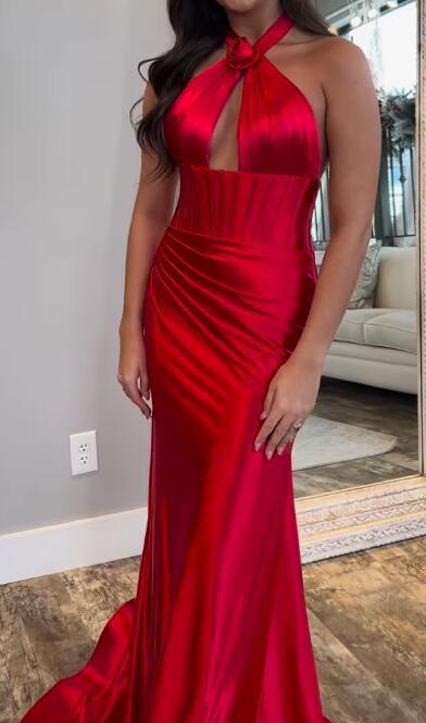 Halter Neck Satin Fitted Long Prom Dress with Rosette Embellishment DressesTailor Halter Neck Satin Fitted Long Prom Dress with Rosette Embellishment DressesTailor