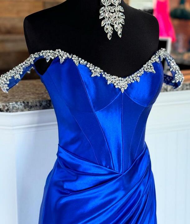 Royal Blue Off the Shoulder Long Prom Dresses with Beaded Neck