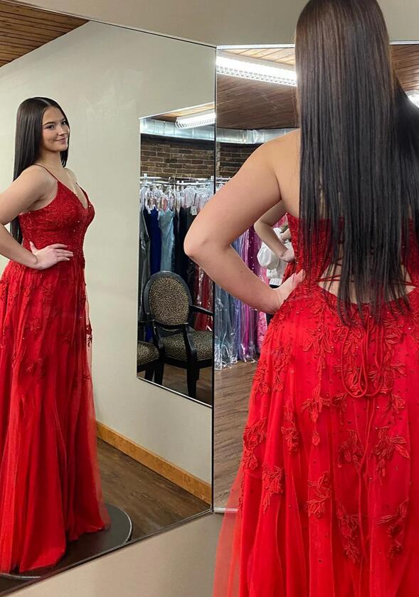 Straps Red Tulle/Lace Long Prom Dress with Slit