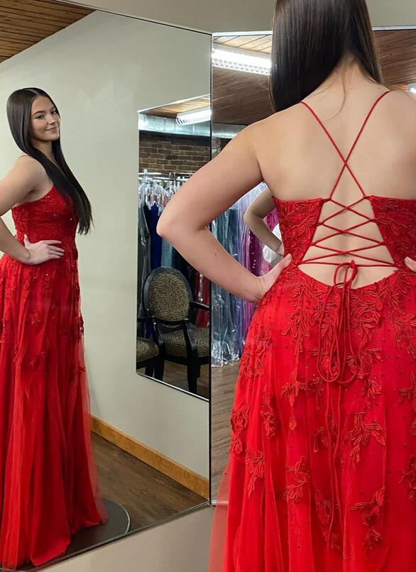 Straps Red Tulle/Lace Long Prom Dress with Slit