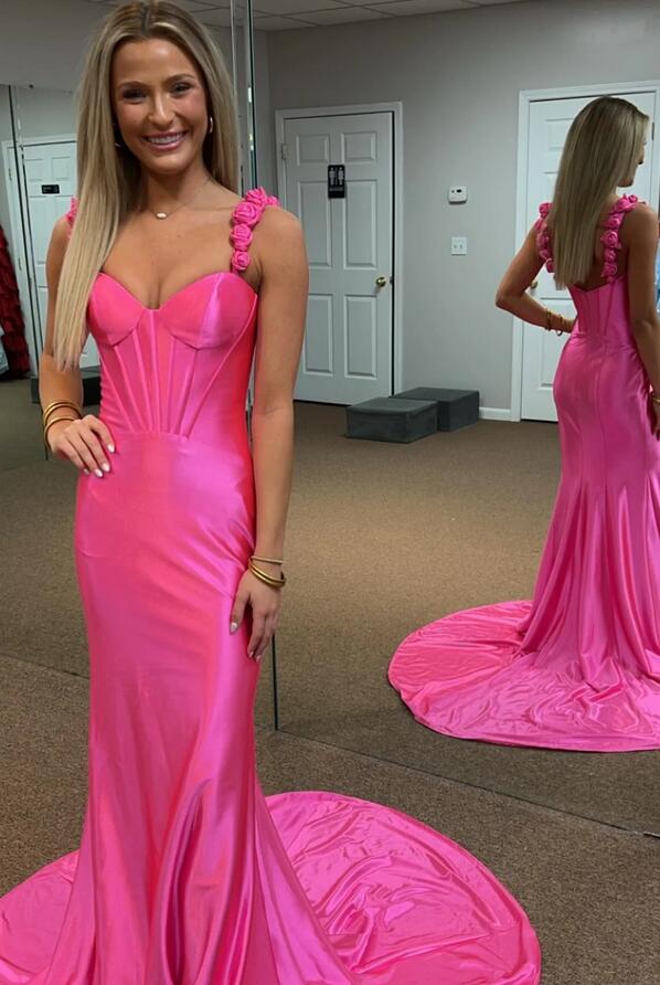 Floral Straps Mermaid Satin Long Prom Dress