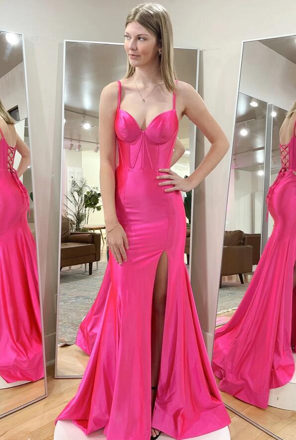 Straps Mermaid Satin Long Prom Dress with Slit