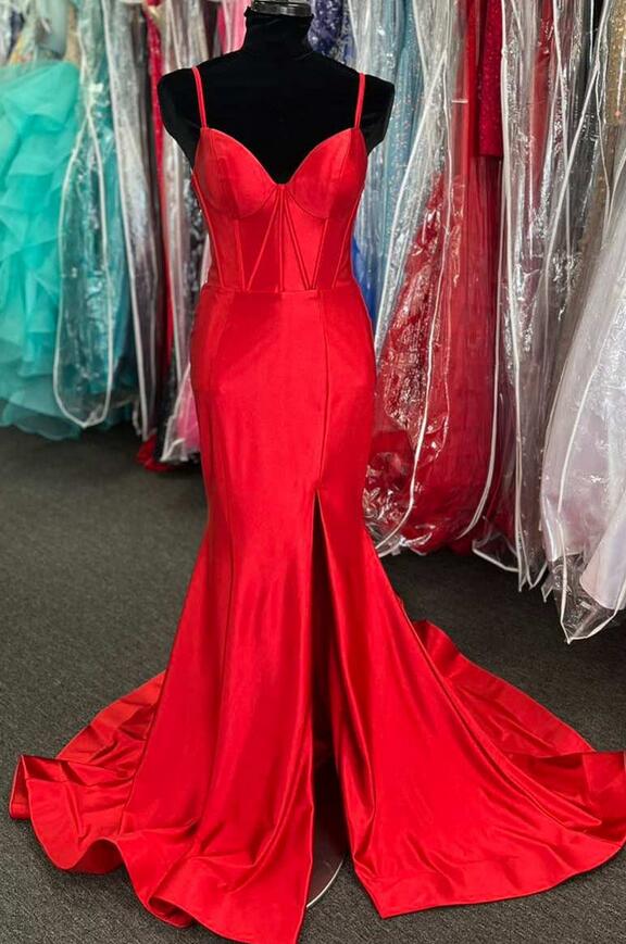 Straps Mermaid Satin Long Prom Dress with Slit