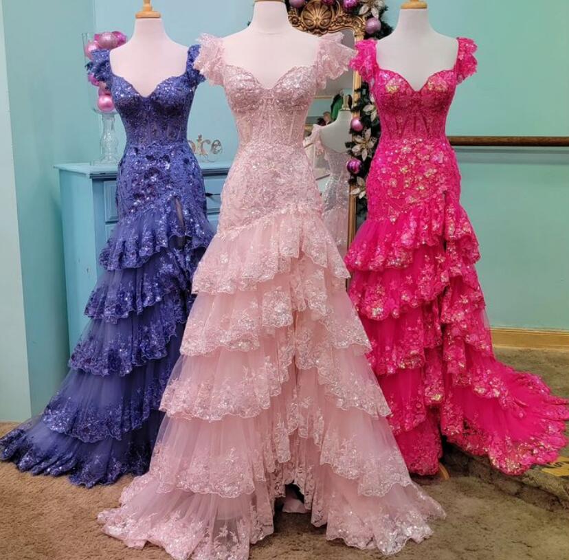 Tulle Sequin Mermaid Prom Dress with Sheer Corset Bodice and Ruffle Skirt