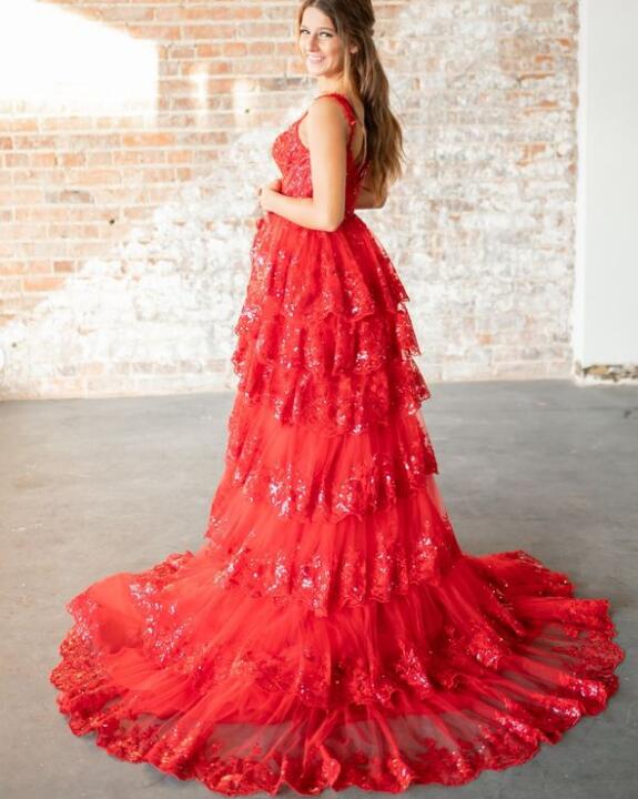 Tulle Sequin A-Line Prom Dress with Sheer Corset Bodice and Ruffle Skirt