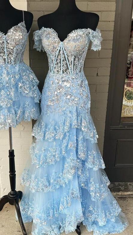 Tulle Sequin Mermaid Prom Dress with Sheer Corset Bodice and Ruffle Skirt