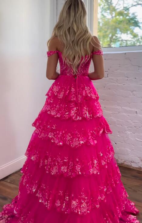 Ruffle Tulle Lace Sequin Prom Dress with Sheer Corset Bodice and and Lace up Back