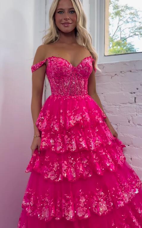 Ruffle Tulle Lace Sequin Prom Dress with Sheer Corset Bodice and and Lace up Back