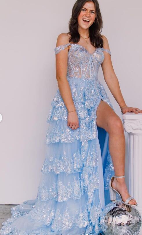 Tulle Sequin A-Line Prom Dress with Sheer Corset Bodice and Ruffle Skirt
