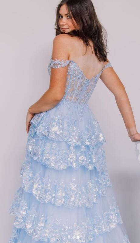 Tulle Sequin A-Line Prom Dress with Sheer Corset Bodice and Ruffle Skirt